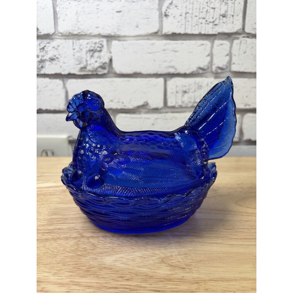 Vintage style Cobalt Blue Split Tail Turned Head Hen On A Nest Dish 7"